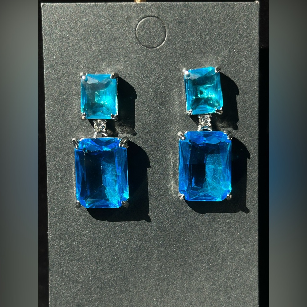 #458 - Blue Rectangular Rhinestone Post Dangle Earrings - Picture 3 of 7